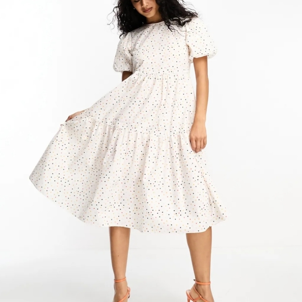 Glamorous Tie Back Short Sleeve Tiered Smock Dress In Rainbow Spot